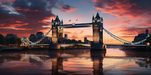Panorama From The Tower Bridge To The Tower Of London, United Kingdom, During Sunset