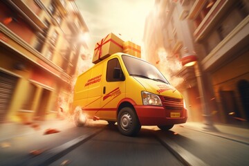 Fast delivery of package service with a fast moving van or motorcycle on cityscape, Generative AI