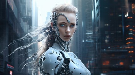 Wall Mural - Illustration of AI robot woman or female cyborg robotic lady with Beautiful face and cybernatic Artificial intelligence AI concept