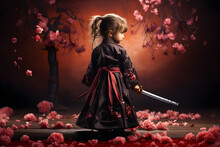 A Samurai Girl Facing Sideways On A Wooden Floor Dressed In Maroon Color Holding A Katana Sword. Surrounded By Red Flowers And Trees Backdrop, Orange Red Wall Sunset Cinematic Photography Style.