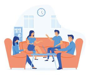  Co working, teamwork concept, Team of people sitting at desk with laptops, Meeting of colleagues. flat vector modern illustration