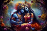 Fototapeta Nowy Jork - Divine love story of Hindu gods Radha and Krishna through a contemporary art, Generative AI