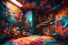 A Captivating 3D Rendering Scene Of A Wall Painting That Transports Viewers To Surreal And Imaginative Dreamscapes.