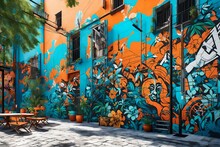  An Energetic 3D Rendering Scene Of A Wall Painting Showcasing Dynamic Urban Street Art.