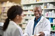 well-stocked pharmacy, attentive staff assist customers with their medication needs. Generated with AI