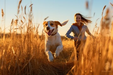 Wall Mural - girl and dog running joyfully on a autumn field, meadow. 