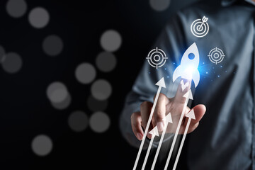 Aufkleber - Rocket launch investments, strategically planning and initiating a corporate startup. aim to achieve objectives through value development, fostering leadership, customer target groups.