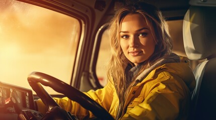 Wall Mural - happy female truck driver deals with logistics.