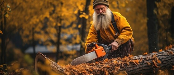 A beard man is cutting wood in the autumn forest with a chainsaw