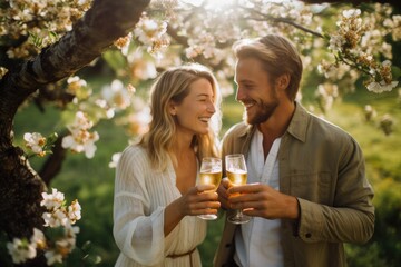 Candid portrait of a couple toasting with cider glasses under a blossoming apple tree, the petals catching the soft sunlight. 