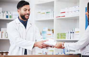 Sticker - Pharmacist, man and smile with customer pills payment in store with healthcare and medical help. Pharmacy, happy and supplements information with a professional with package in pharmaceutical shop