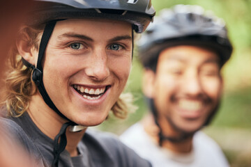 Poster - Smile, portrait and a man with a cycling selfie in nature for fitness, travel or adventure memory. Happy, friends and a cyclist taking a photo in a forest for marathon, triathlon or sports training