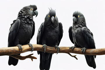 Image of family group of Black cockatoo, Palm cockatoo, Goliath on the branch on white background. Birds. Wildlife Animals. Illustration, Generative AI.