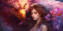 Illustration Of A Woman And A Griffin, Generative AI