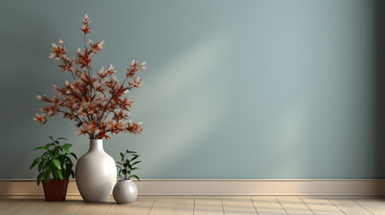 Wall Mural - Empty room interior background, beige wall, pot with plant, wooden flooring 3d rendering