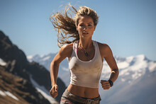 Woman Pushes Her Limits Running Uphill On A Rocky Mountainous Terrain, With Determination Evident, As Snow-capped Peaks Rise In The Distance Against A Clear Blue Sky