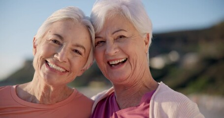 Sticker - Portrait, yoga and senior women on the beach together as friends for a mental health workout by the ocean. Fitness, wellness and smile with old people at the sea for pilates training in nature