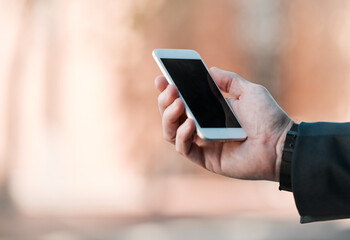 Poster - Business, hands and phone screen in city for travel, marketing and social media mockup in street. Professional person or employee on mobile app with ui or ux design space for opportunity or search