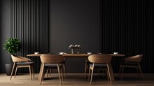 Interior Of Modern Dining Room, Dining Table And Wooden Chairs Against Black Wall