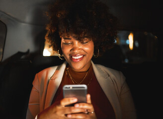 Wall Mural - Black woman, afro and phone at night in taxi, travel or communication in social media or networking. Happy African female person smile in online chatting or late evening on mobile smartphone in car