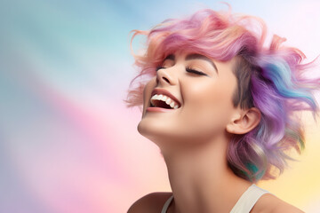 Wall Mural - Smiling woman with short rainbow colored hair