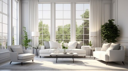 Wall Mural - Modern interior design of cozy apartment, living room with white sofa, armchairs. Room with big window. 3d rendering