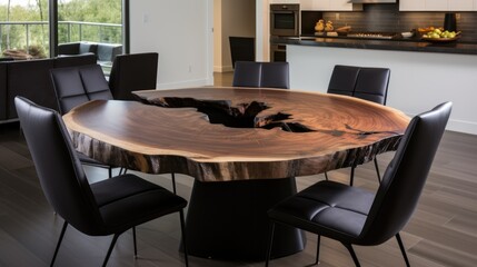 Wall Mural - Round live edge dining table. Interior design of modern minimalist dining room