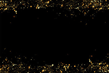 Sparkling glitter border, vector frame. Festive background with falling shiny confetti, golden dust.