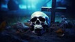 Human skull unearthed from grave next to cross shaped tombstone, shrouded in fog dark midnight witches hour Halloween - generative AI