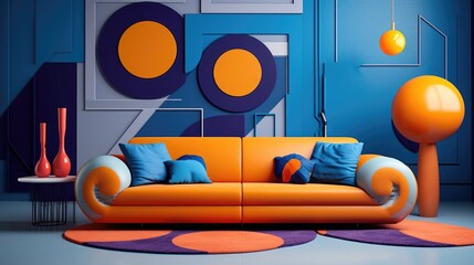 Wall Mural - Vibrant sofa in room with abstract geometric shapes. Postmodern memphis style interior design of modern living room