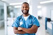 © pixardi - Happy healthcare professionals and proud black man in clinic, embodying workplace success and wellness. Photo generative AI