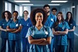 © pixardi - Diverse medical team poses in hospital hallway, spotlight on African nurse with crossed arms. Photo generative AI