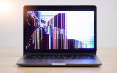 Screen crack, glitch and laptop problem with error, mistake and system warning with tech break. Isolated, computer and desktop failure from monitor damage and software crash with broken display
