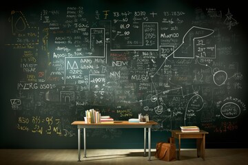 Black chalkboard inscribed with scientific formulas. Abstract, Desk, back to school theme