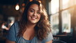 Portrait of a beautiful chubby young woman drinking a cup of coffee in a cafe or canteen. A plus-size young plump lady with an curly hairstyle is stylishly dressed sitting in a cafe. Generative ai