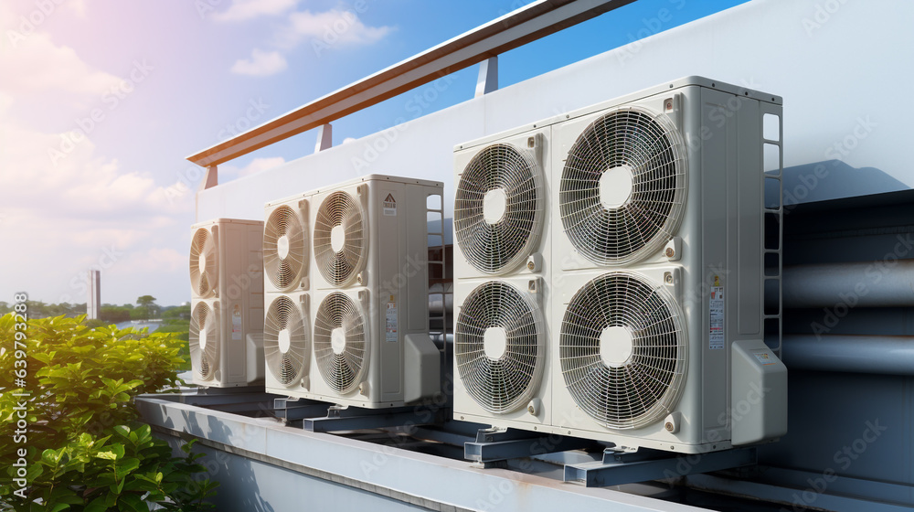 outdoor air conditioner compressors installed in a country house on the ...