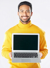 Poster - Laptop screen, mockup and smile with portrait of man in studio for social media, communication and ux. Website, research and logo with person on white background for email, online and internet