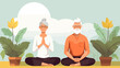 © Dirk - copy space, vector illustration, flat 2D illustration, elderly people doing yoga, eldery people sitting down on the Floor, yoga session. Mental healthcare. Preventative healthcare and active lifestyle
