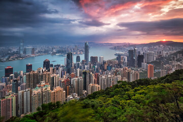 Wall Mural - Hong Kong panorama - dramatic sunrise from Victoria peak