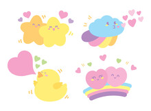 Cute Kawaii Sweet Pastel Happy Cartoon Graphic Element Set In Love Concept