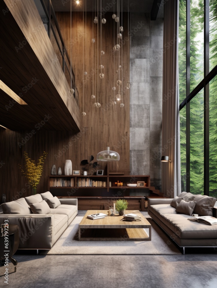 Loft interior design of modern living room in villa. Wooden paneling ...