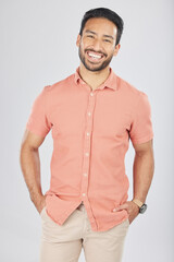 Wall Mural - happy, fashion and portrait of business asian man in studio for confidence, pride and smile. confide