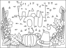 Thanksgiving Day Holiday Themed Dot-to-dot, Or Connect The Dots, Else Join The Dots, Picture Puzzle And Coloring Page Wth "Thank You!" Hidden Message
