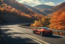 Autonomous Car Effortlessly Cruises On An Open Highway, Surrounded By Vibrant Autumn Foliage
