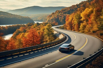 autonomous car effortlessly cruises on an open highway, surrounded by vibrant autumn foliage