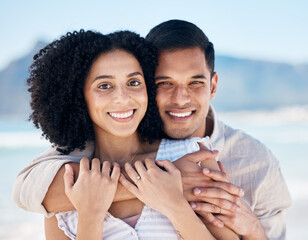 Poster - Happy couple, portrait and hug outdoor with love, care and happiness together in nature. Closeup and face of a young man and woman for healthy marriage, commitment and freedom on a travel holiday