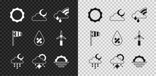 Set Sun, Cloud With Moon, Rainbow Cloud And Rain, Snow Sun, Sunrise, Cone Windsock Wind Vane And Water Drop Percentage Icon. Vector