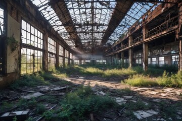  Sunlight in an Abandoned Factory with Overgrown Vegetation
