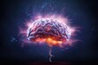 © Ifti Digital - Human brain with lightning on dark background. 3D Rendering. Brainstorming concept. 3D illustration of human brain with lightning, AI Generated