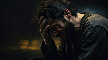 Wall Mural - Depressed man crying side view